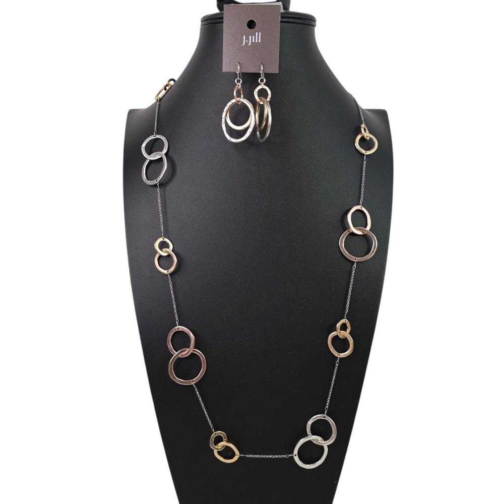 J Jill Mixed Metal 3 Tone Hammered Circle Necklace and Earrings Set Everyday